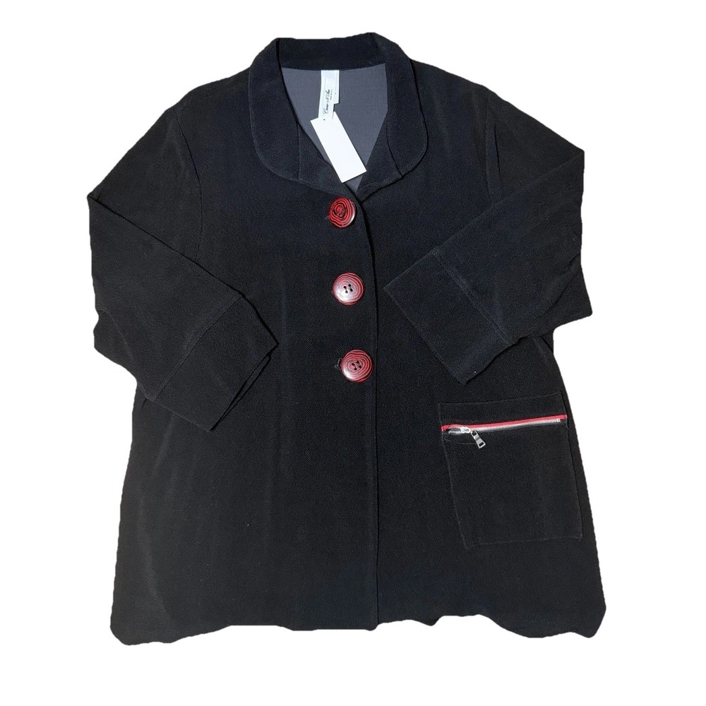 Stylish Black Crepe 2XL Jacket Decorative Buttons Collared Flared Silhouette